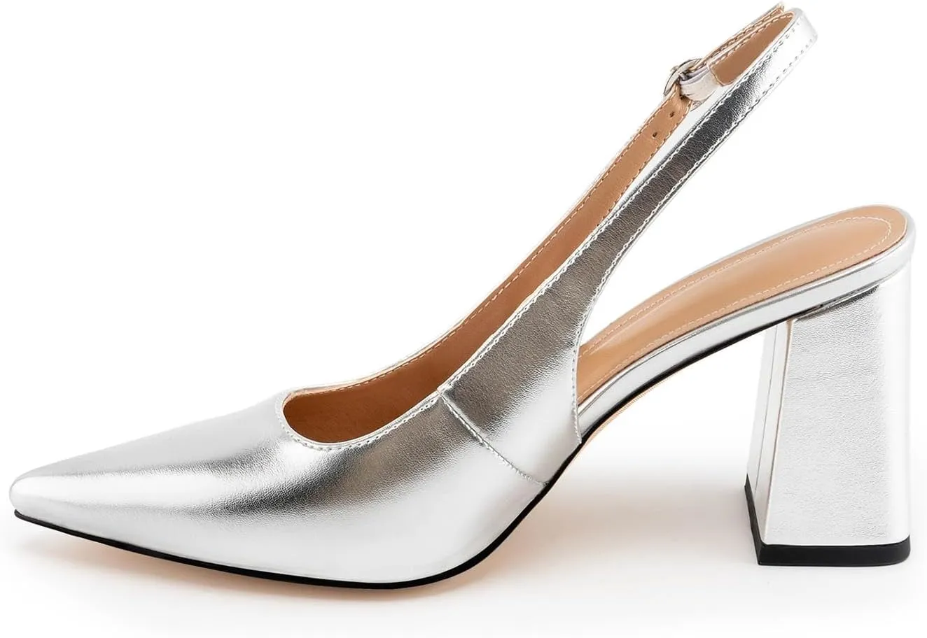 heelchic Slingback Heels for Women Block Heel Pointed Closed Toe Chunky Heel Slip on Wedding Dress Shoes Comfortable
