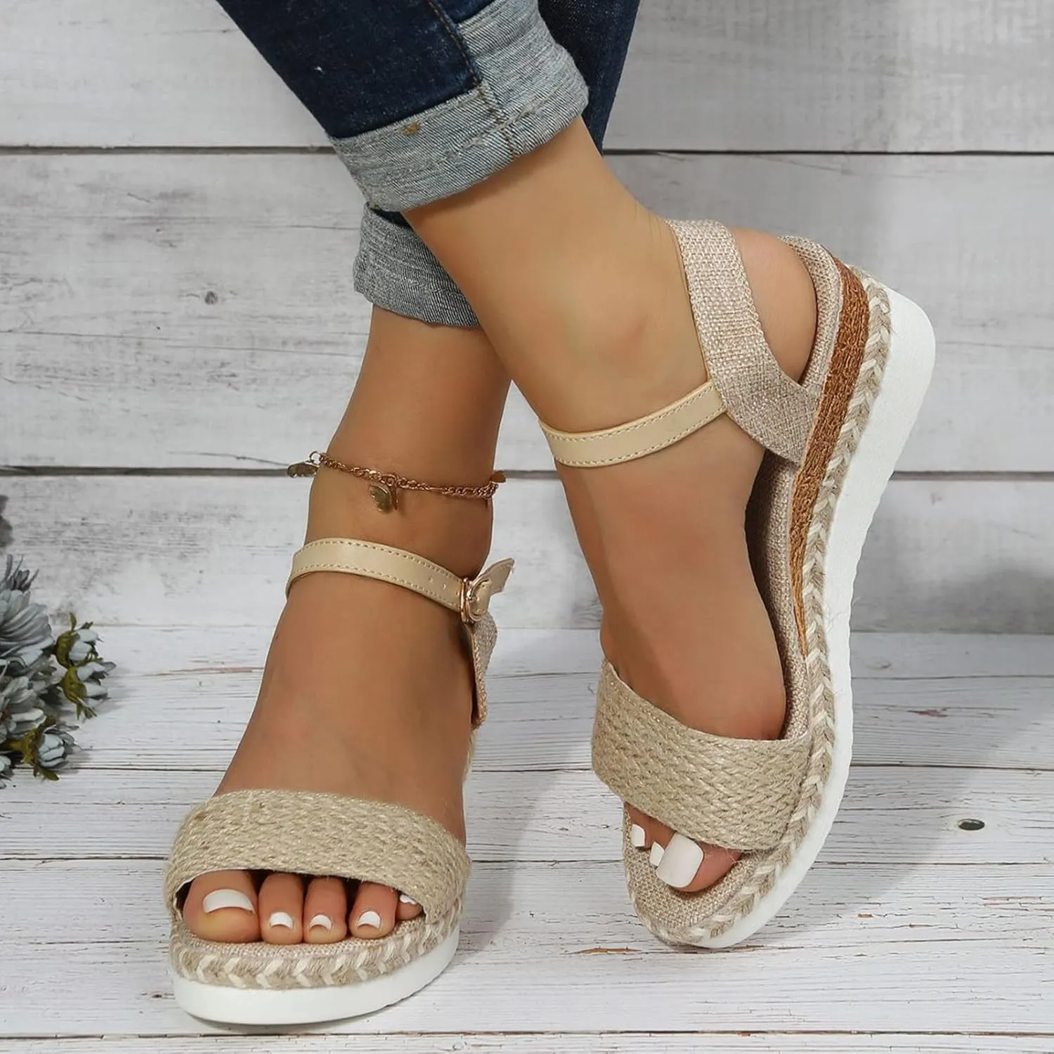 Hiking Sandals for Women Toe Straw Rope Upper Buckle Wedge Heel Thick Sole Sandals Vegan Women