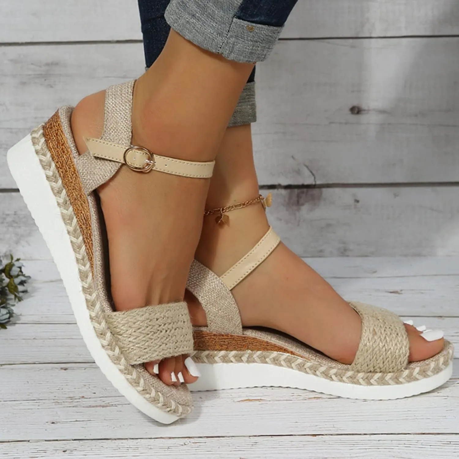 Hiking Sandals for Women Toe Straw Rope Upper Buckle Wedge Heel Thick Sole Sandals Vegan Women