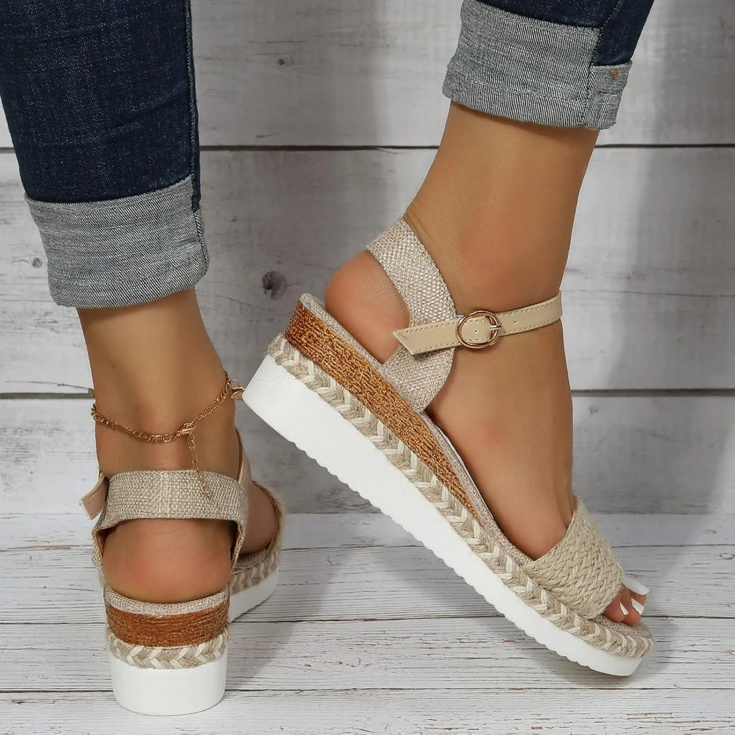 Hiking Sandals for Women Toe Straw Rope Upper Buckle Wedge Heel Thick Sole Sandals Vegan Women