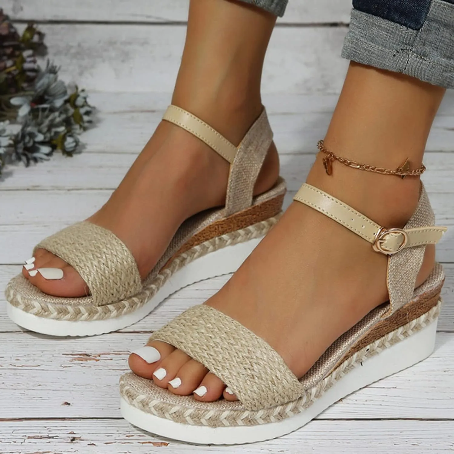 Hiking Sandals for Women Toe Straw Rope Upper Buckle Wedge Heel Thick Sole Sandals Vegan Women