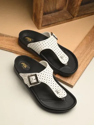 Hitz Men's White Leather Casual Daily Wear Buckle Slipper