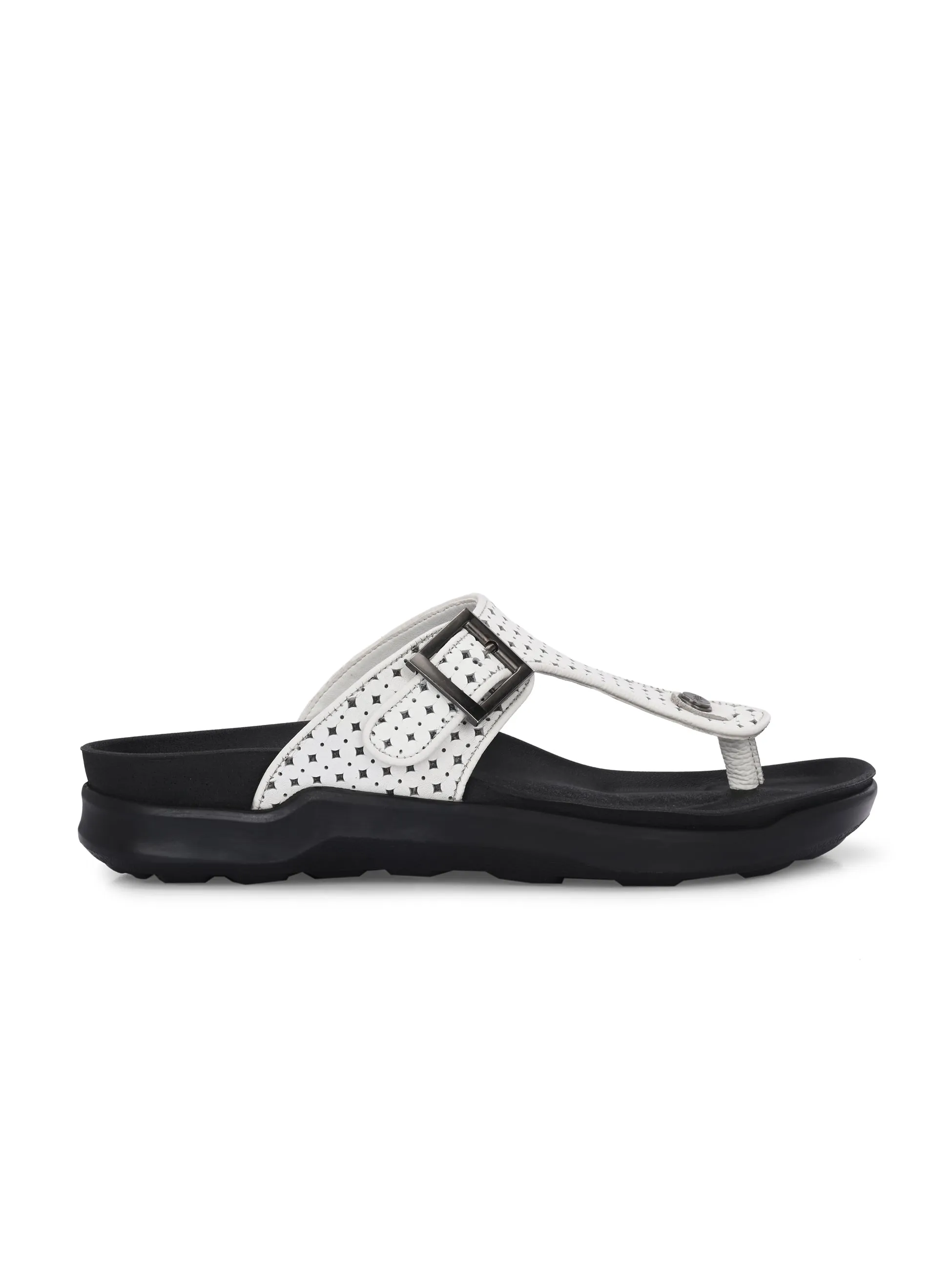 Hitz Men's White Leather Casual Daily Wear Buckle Slipper