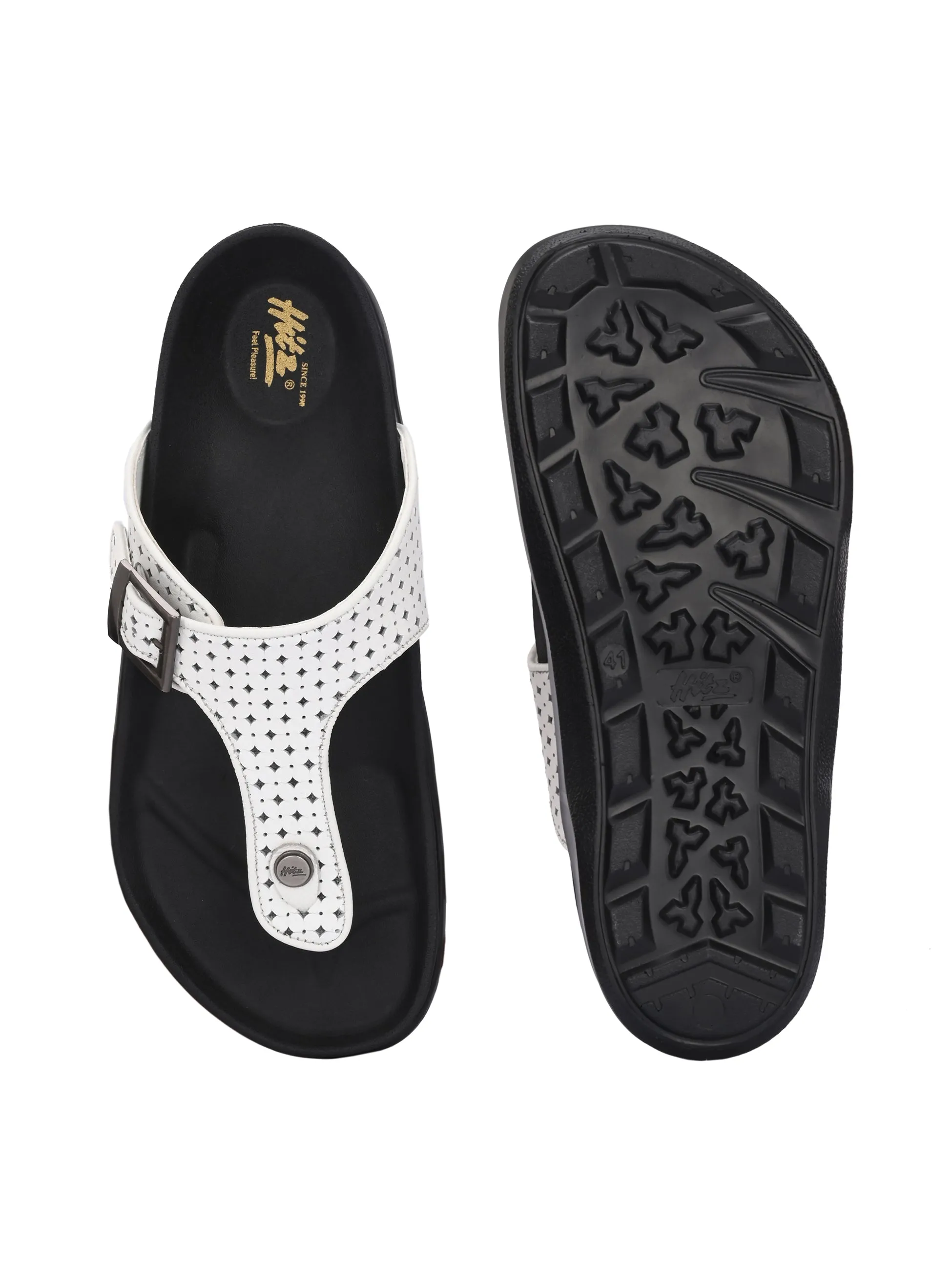 Hitz Men's White Leather Casual Daily Wear Buckle Slipper