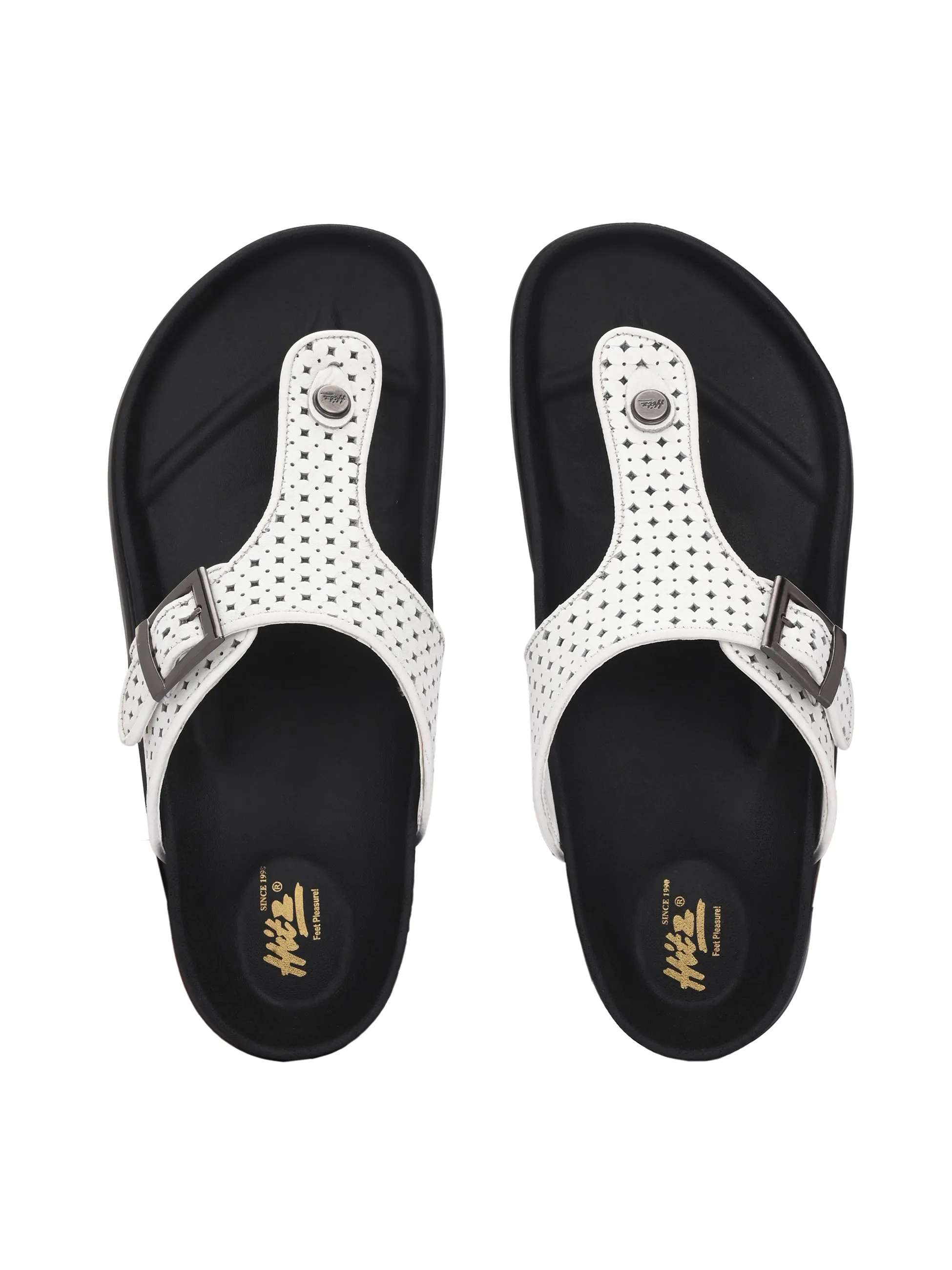 Hitz Men's White Leather Casual Daily Wear Buckle Slipper