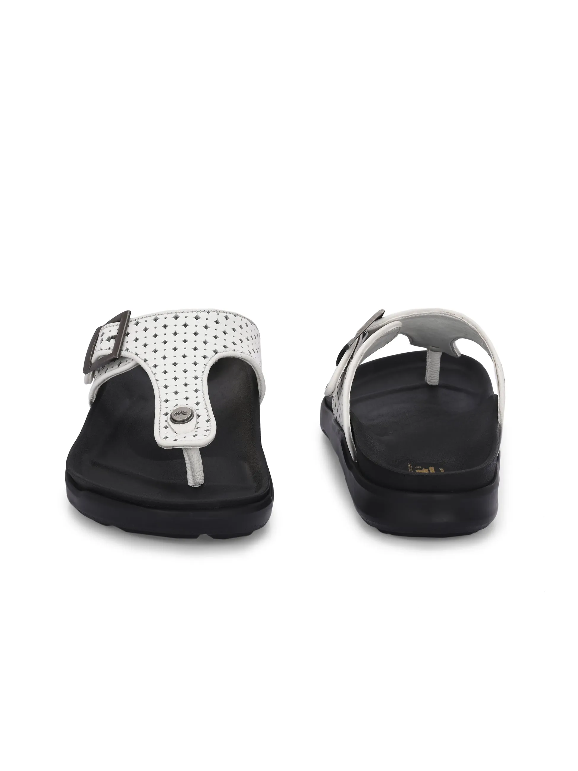 Hitz Men's White Leather Casual Daily Wear Buckle Slipper
