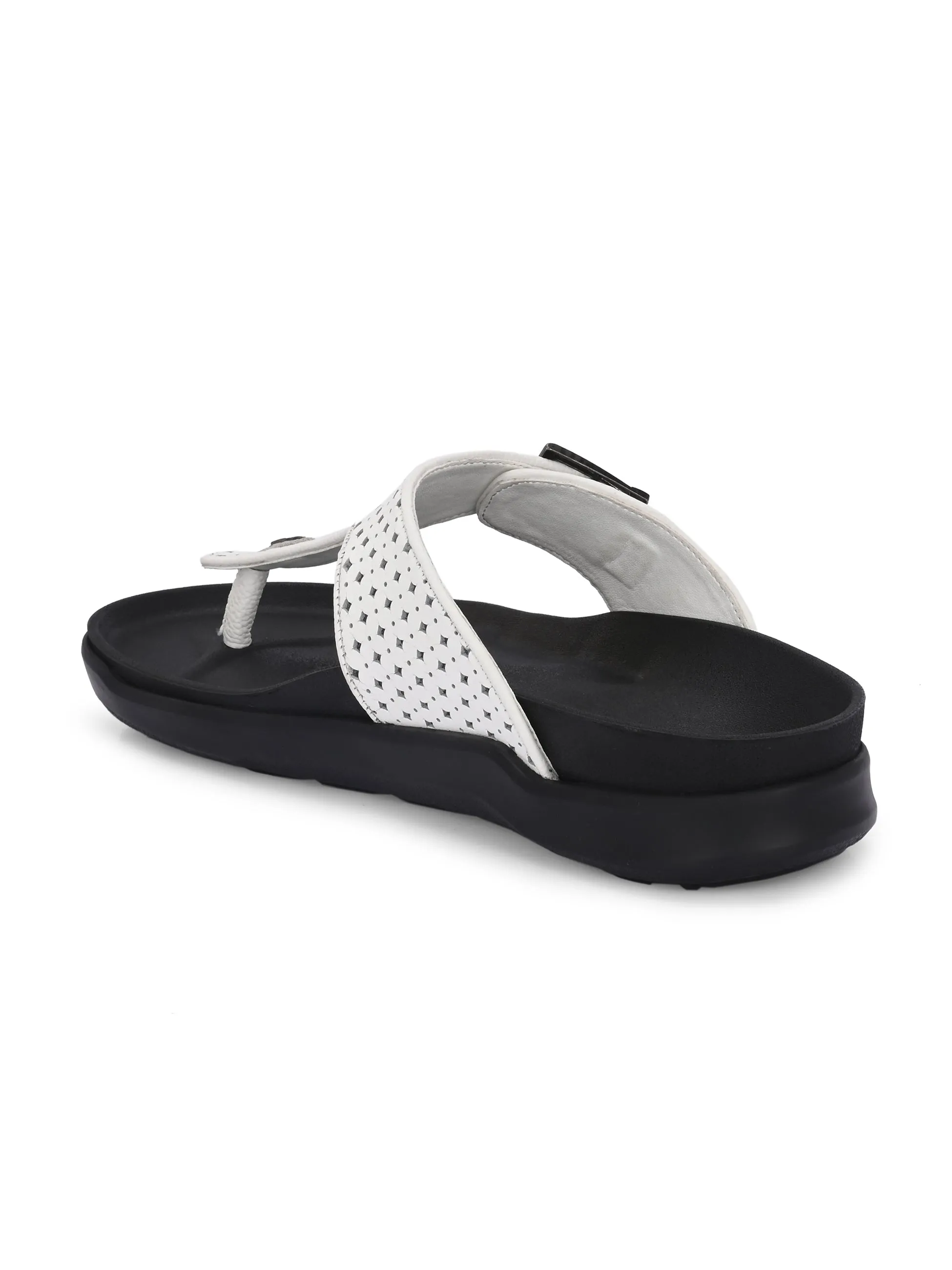 Hitz Men's White Leather Casual Daily Wear Buckle Slipper