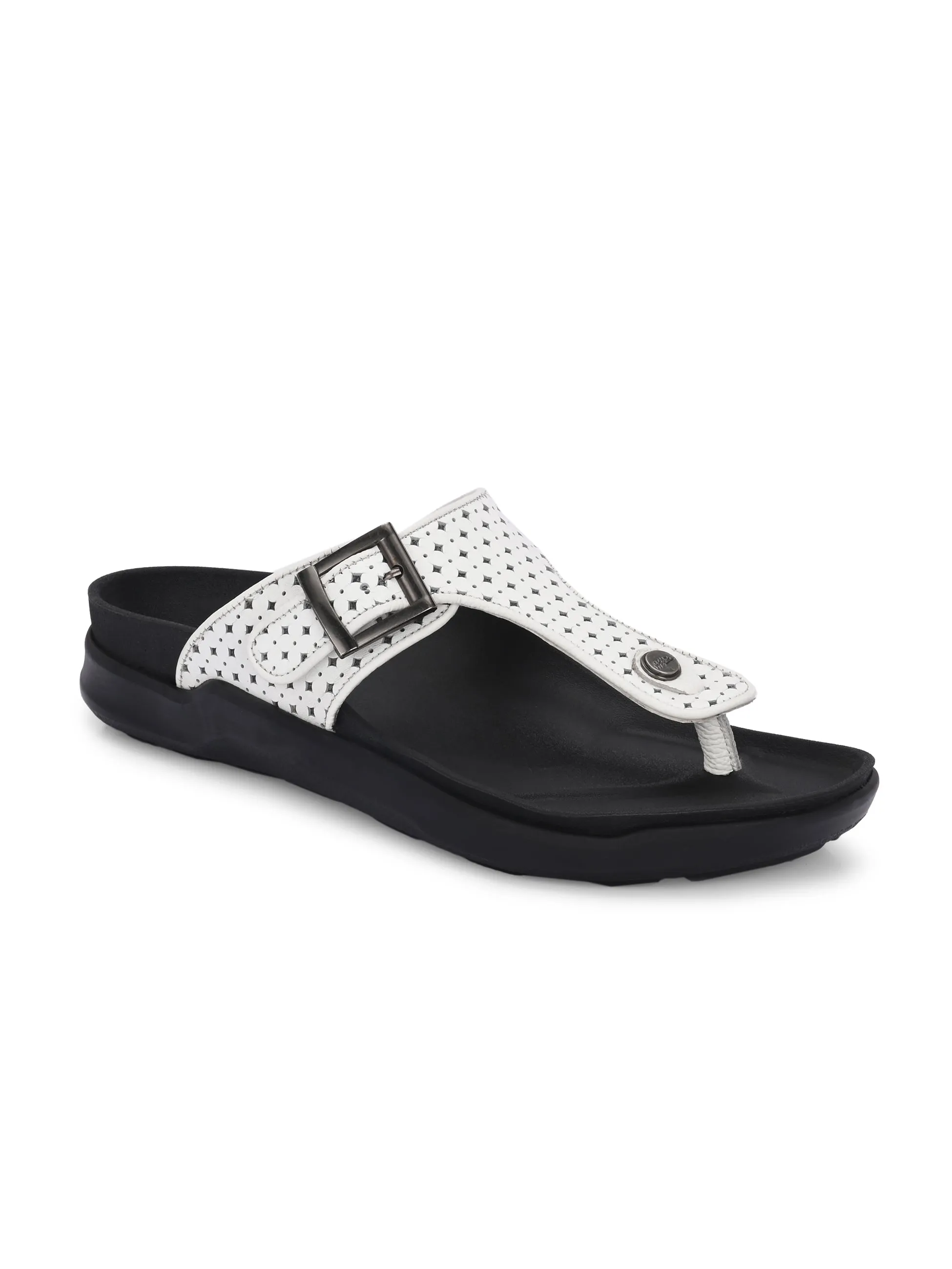 Hitz Men's White Leather Casual Daily Wear Buckle Slipper
