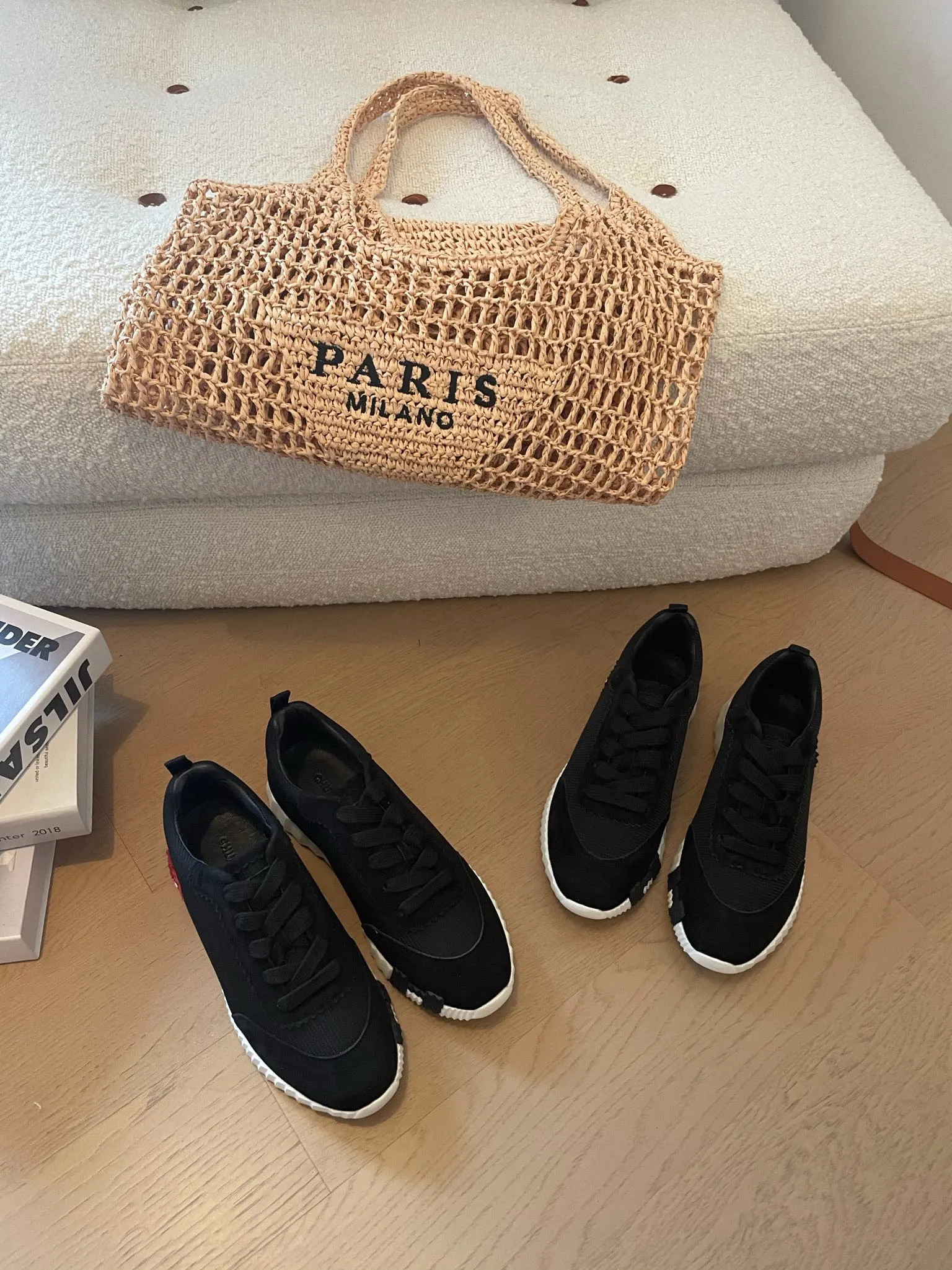 HM Bouncing 35 Sneakers Black Canvas & Suede Goatskin H Burgundy Black