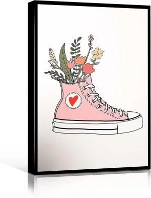 Home Decor Bedroom teen room decor living room decor Pink Sneaker Flower Pot Cute Pink Chucks Shoe Art Print Cute Flower Illustration Girl's Bedroom Wall Art 16''x24''inch wood Framed Modern Canvas