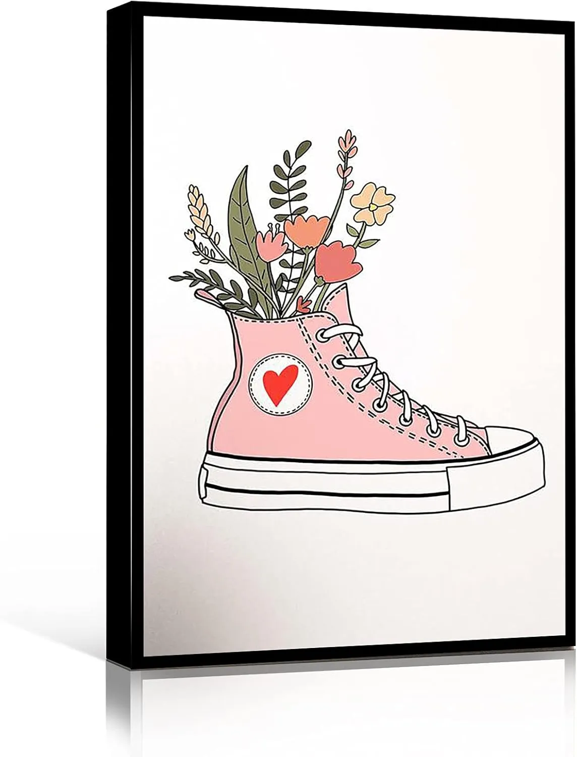 Home Decor Bedroom teen room decor living room decor Pink Sneaker Flower Pot Cute Pink Chucks Shoe Art Print Cute Flower Illustration Girl's Bedroom Wall Art 16''x24''inch wood Framed Modern Canvas