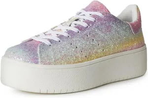 J. Adams Hero Platform Sneakers for Women - Casual Lace Up Fashion Tennis Shoes - Rainbow Glitter - 7.5