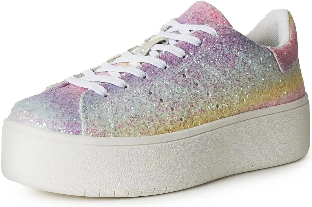 J. Adams Hero Platform Sneakers for Women - Casual Lace Up Fashion Tennis Shoes - Rainbow Glitter - 7.5