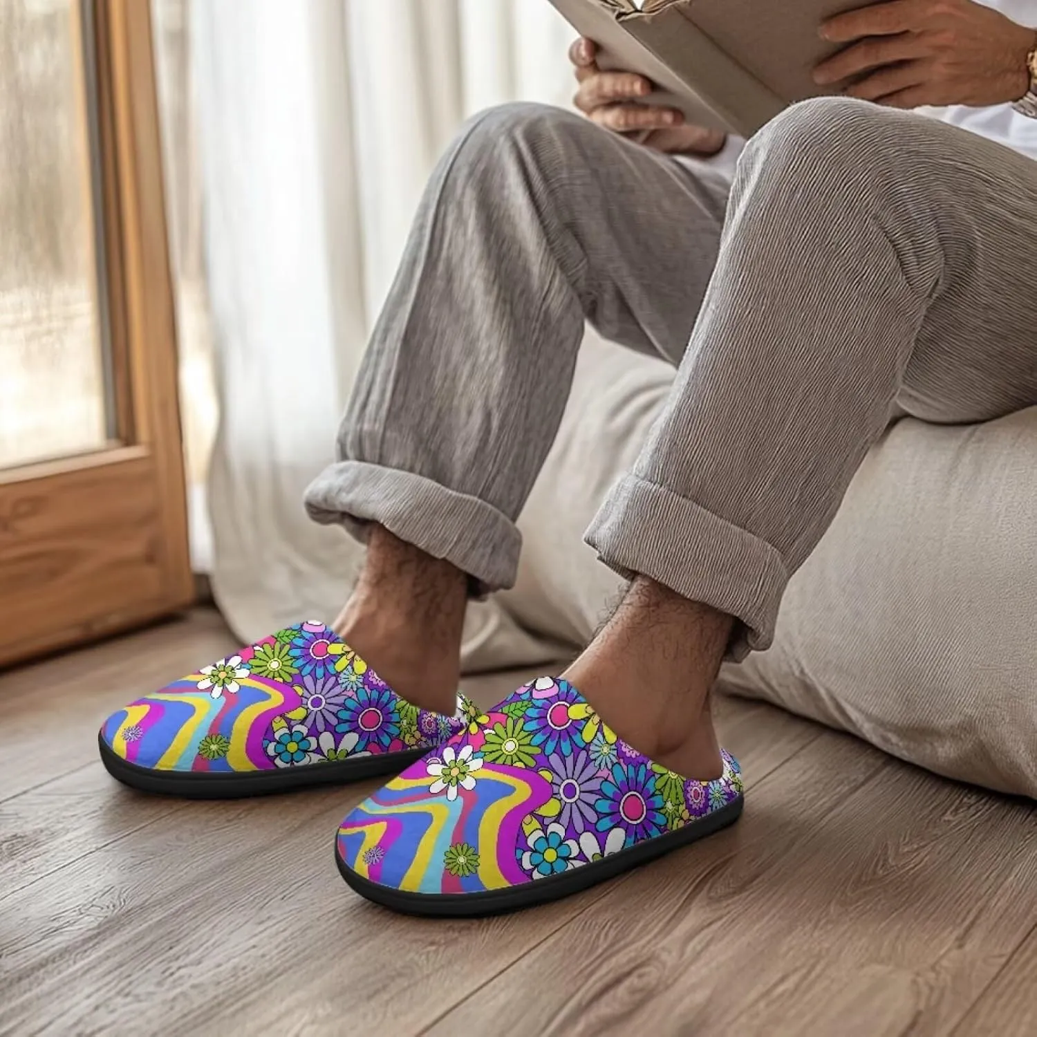 Jeiento Women's Indoor Bedroom Slipper Daisy Floral Soft Non Slip Closed Toe House Slippers