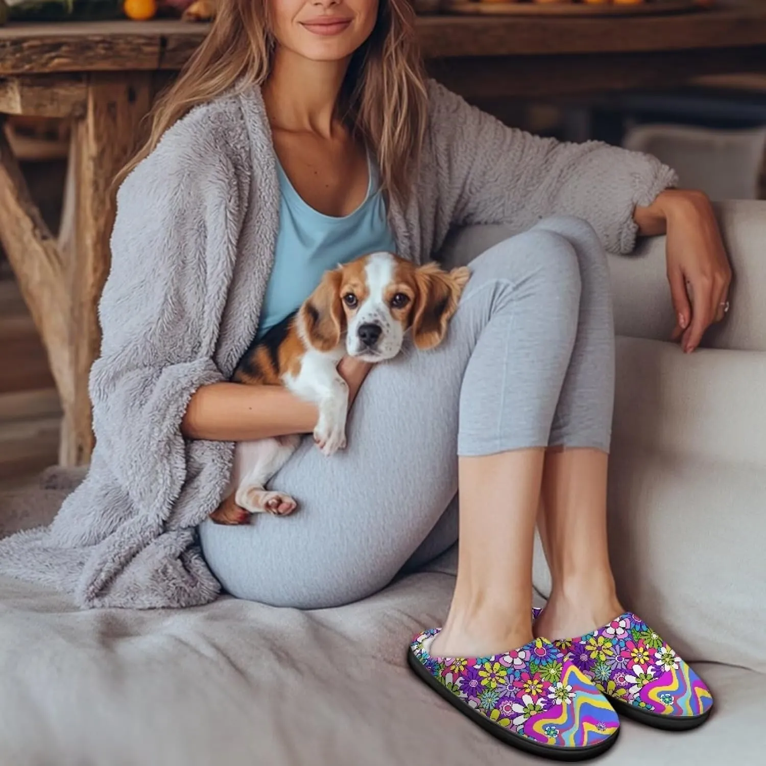 Jeiento Women's Indoor Bedroom Slipper Daisy Floral Soft Non Slip Closed Toe House Slippers