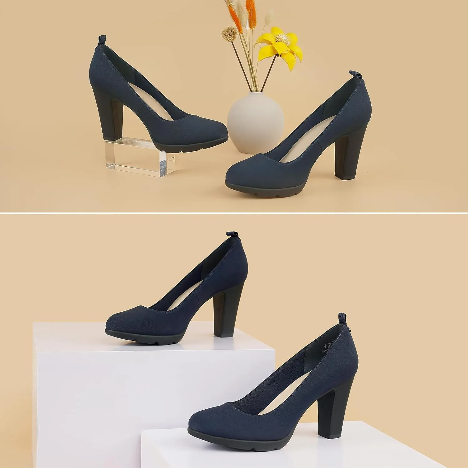 JENN ARDOR Women's Pumps Chunky Heels Platform Shoes Comfort Round Closed Toe Block Heel Pumps Dress High Heeled Office Shoes for Ladies More Than 3 inch Heel