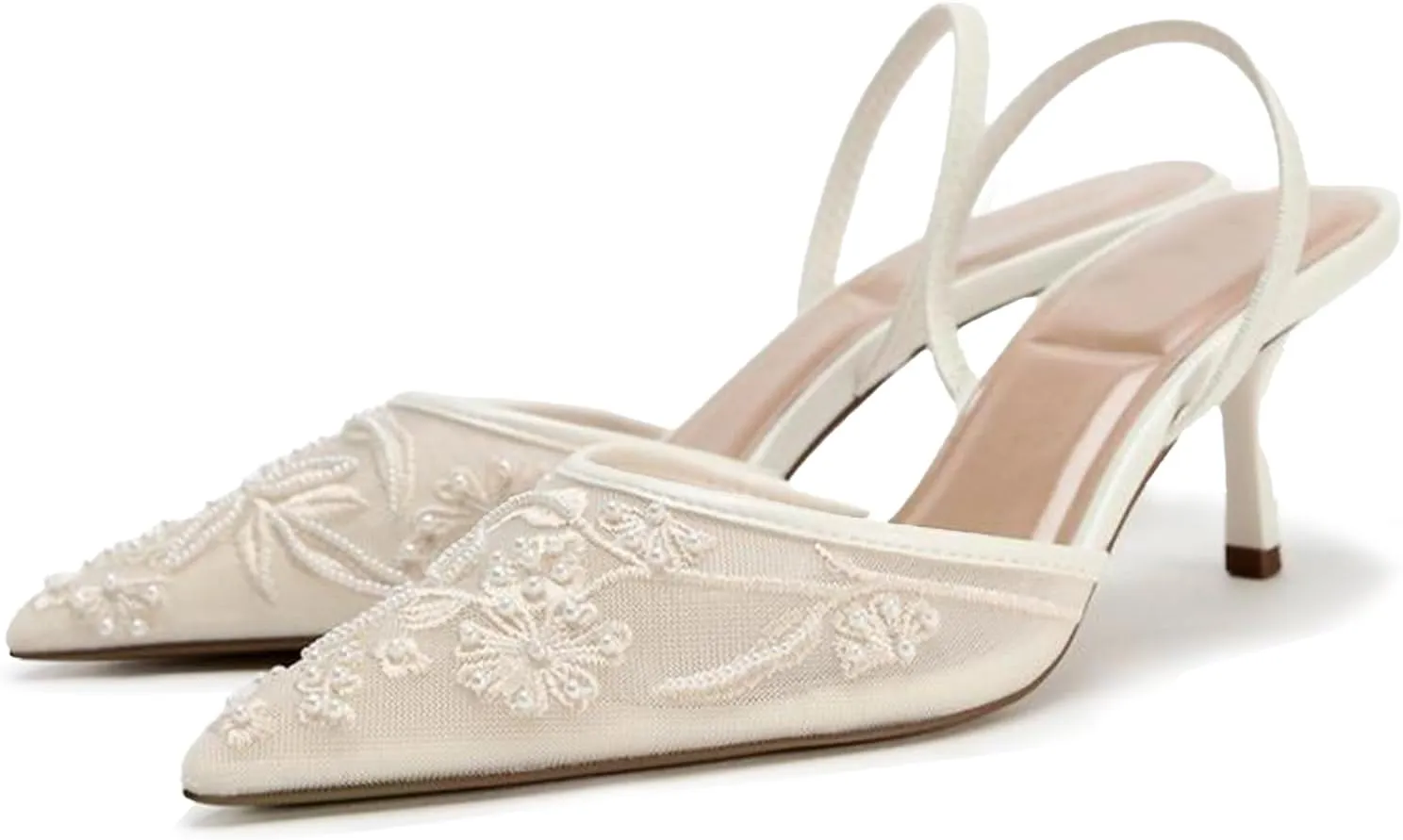 JORISTIMO Mesh Slingback Embroidered Kitten Heels for Women Pointed Closed Toe Pearl Heelsandles Pumps Wedding Party Dress Pumps Shoes