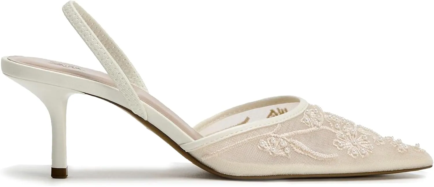 JORISTIMO Mesh Slingback Embroidered Kitten Heels for Women Pointed Closed Toe Pearl Heelsandles Pumps Wedding Party Dress Pumps Shoes