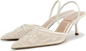 JORISTIMO Mesh Slingback Embroidered Kitten Heels for Women Pointed Closed Toe Pearl Heelsandles Pumps Wedding Party Dress Pumps Shoes