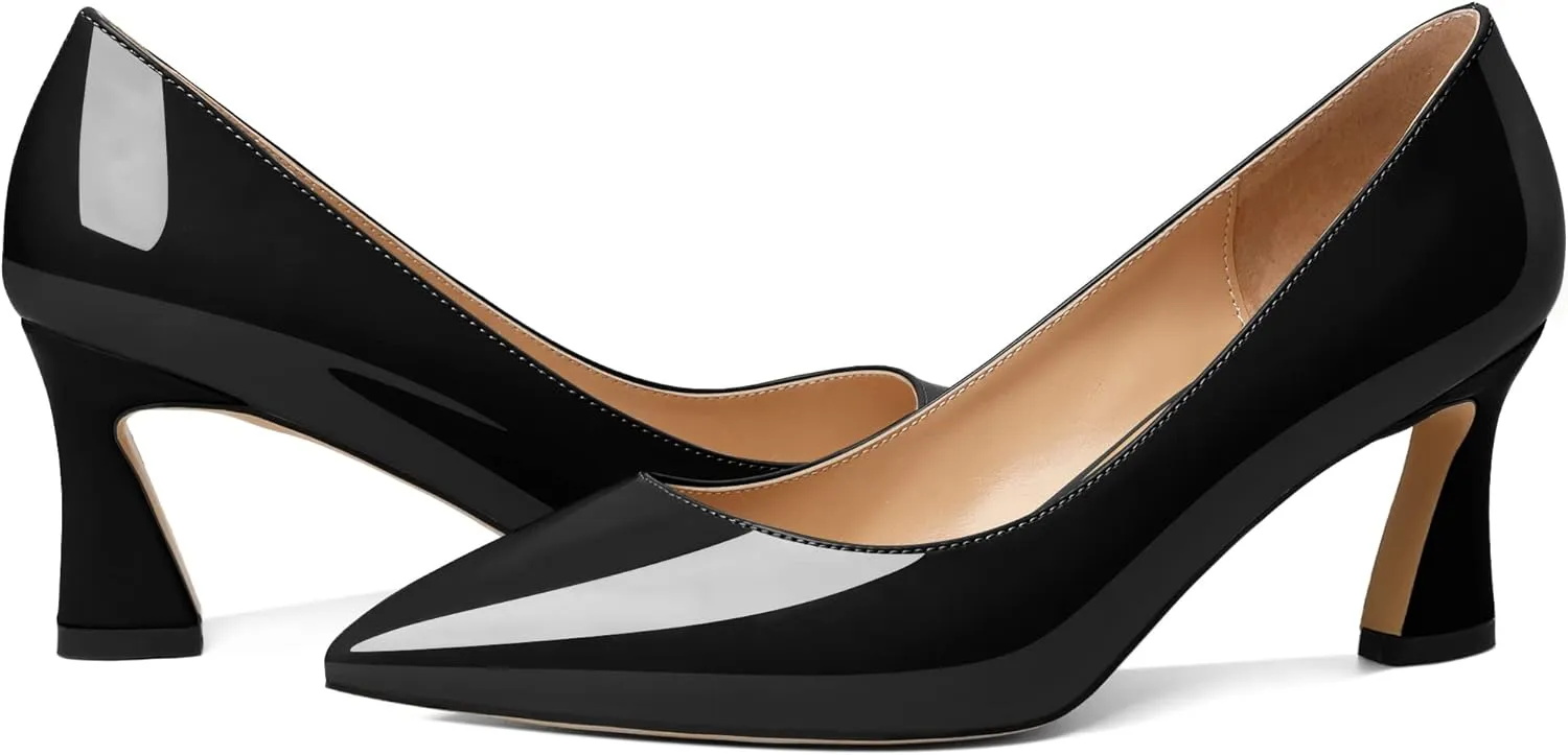 Joseywade Women's Low Heel Pumps 2.5 Inch Closed Pointed Toe Kitten Heel Slip On Business Leather Flare Heel Dressy Shoes