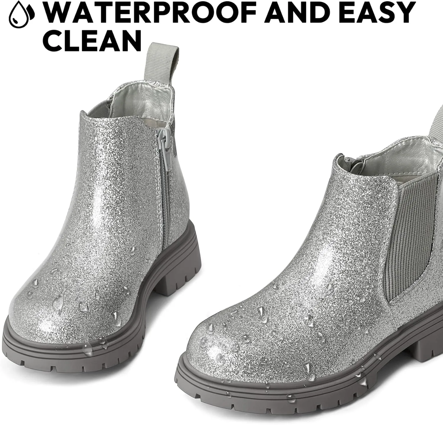 K KomForme Girls Glitter Ankle Boots Side Zipper Chelsea Booties Lug Sole (Toddler/Little Kids/Big Kids)