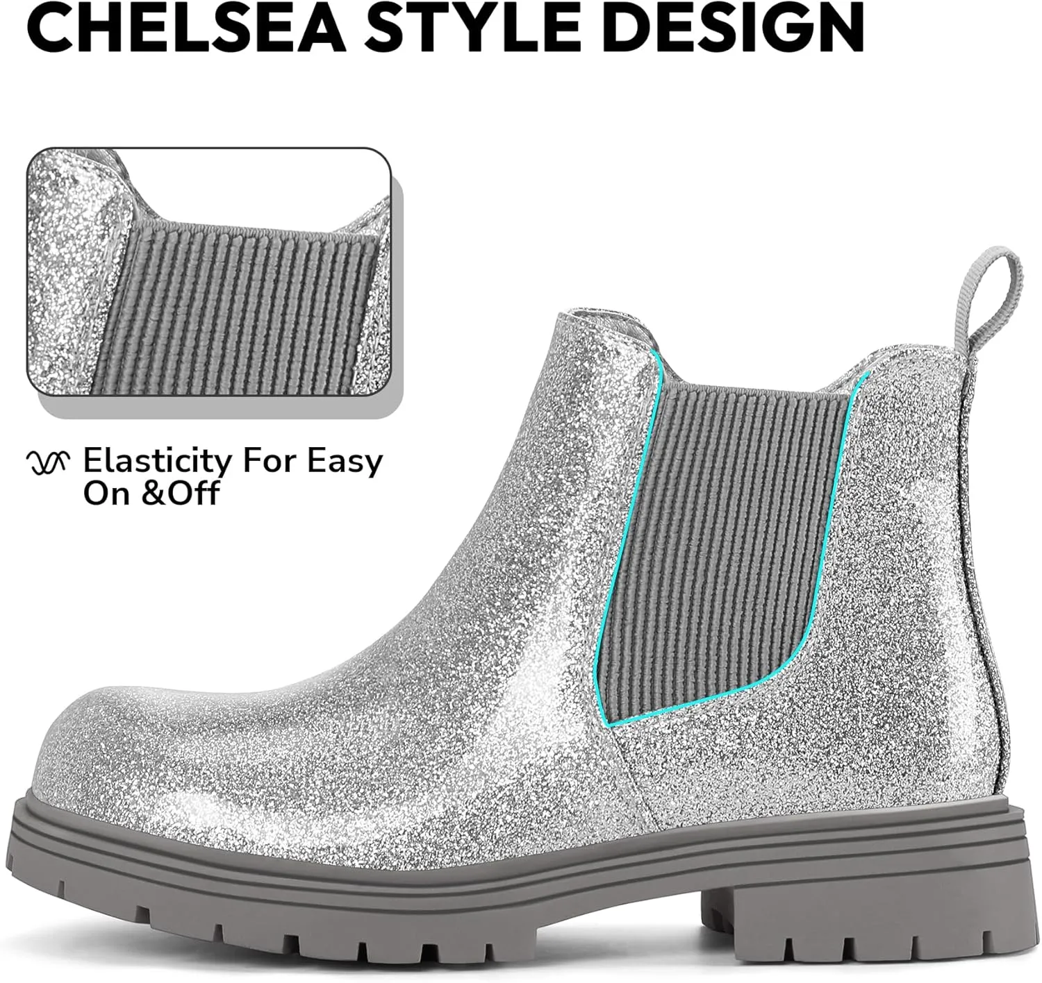 K KomForme Girls Glitter Ankle Boots Side Zipper Chelsea Booties Lug Sole (Toddler/Little Kids/Big Kids)