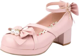Kawaii Platform Shoes Mary Jane Chunky Heel Bowknot Ankle Strap Round Toe Mid Heel Pumps for Women Cute Closed Toe Strappy Dress Goth Shoes