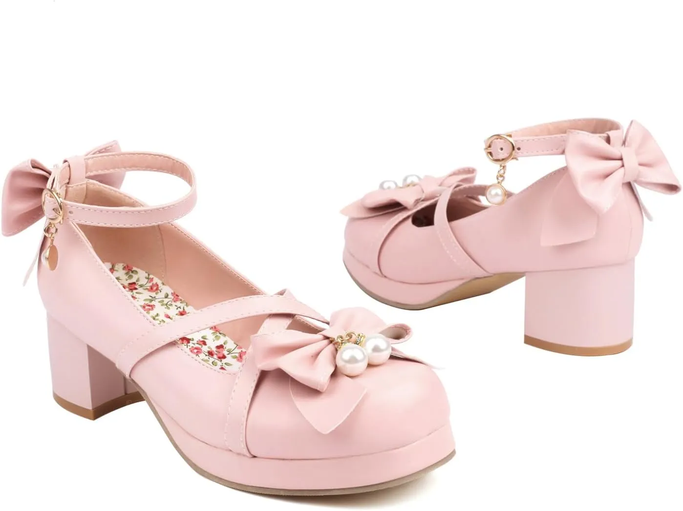 Kawaii Platform Shoes Mary Jane Chunky Heel Bowknot Ankle Strap Round Toe Mid Heel Pumps for Women Cute Closed Toe Strappy Dress Goth Shoes