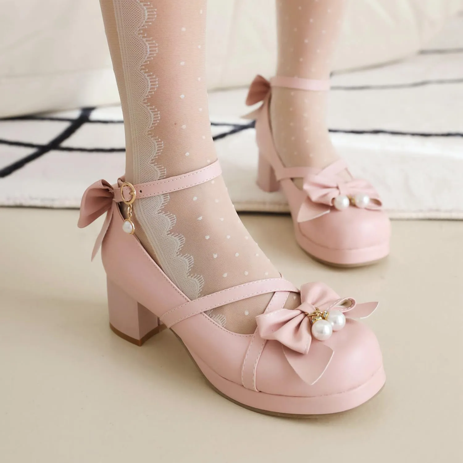 Kawaii Platform Shoes Mary Jane Chunky Heel Bowknot Ankle Strap Round Toe Mid Heel Pumps for Women Cute Closed Toe Strappy Dress Goth Shoes