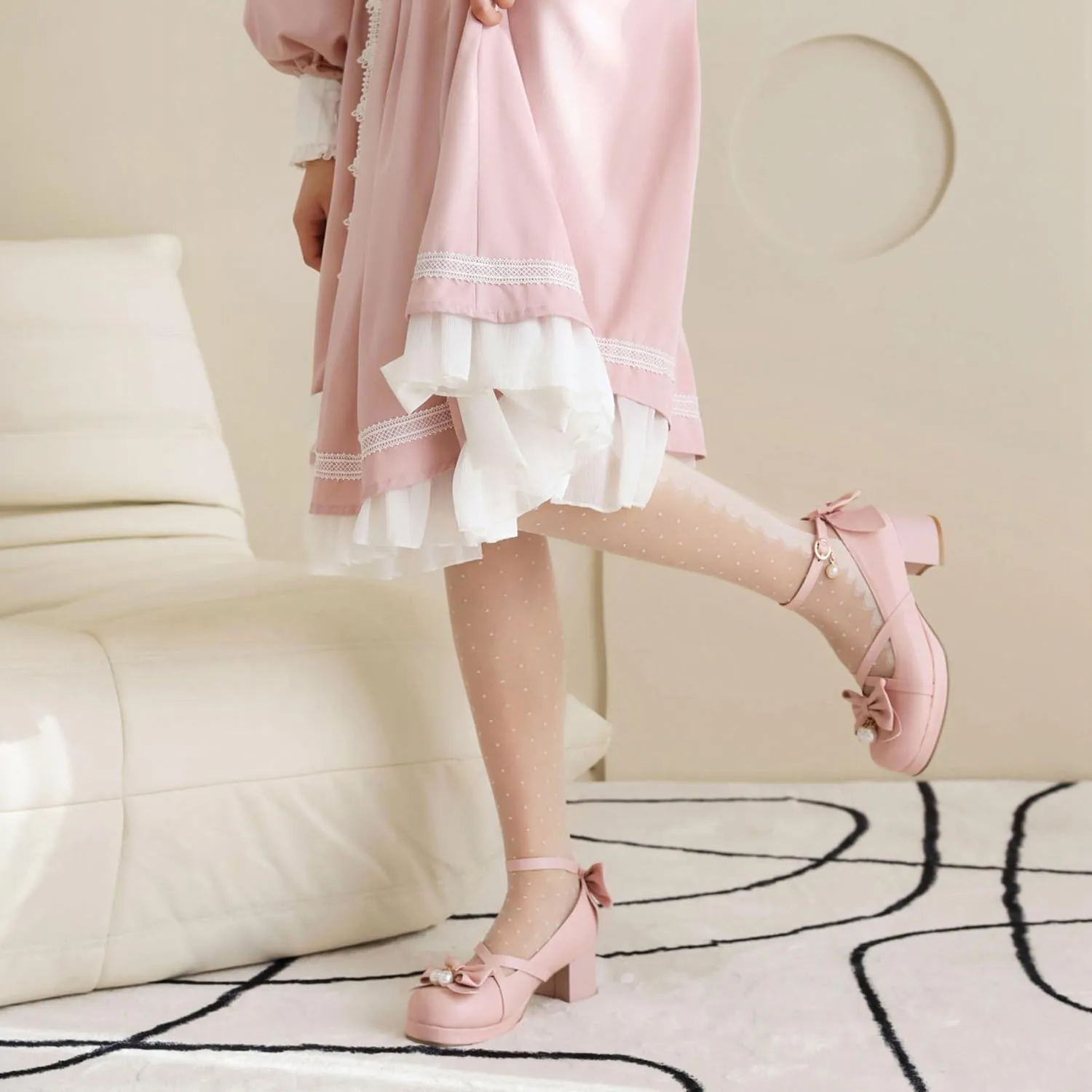 Kawaii Platform Shoes Mary Jane Chunky Heel Bowknot Ankle Strap Round Toe Mid Heel Pumps for Women Cute Closed Toe Strappy Dress Goth Shoes
