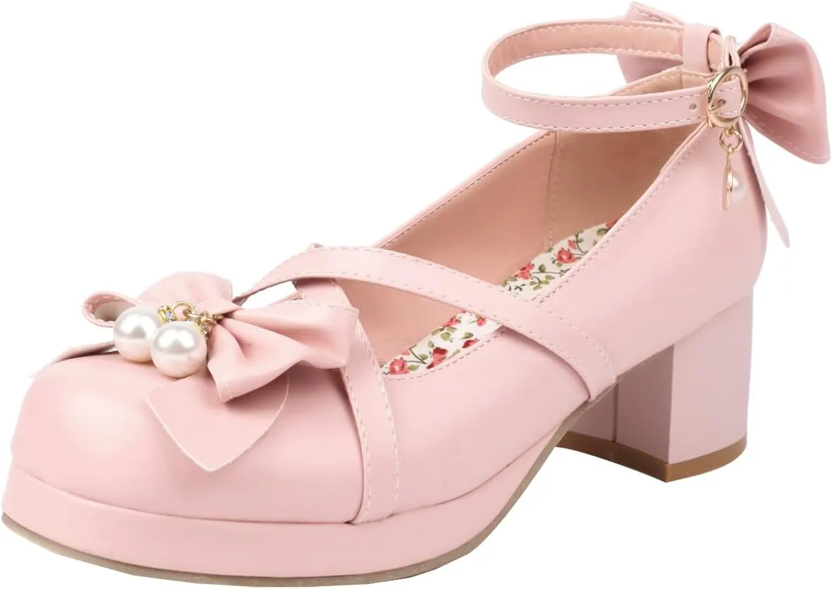 Kawaii Platform Shoes Mary Jane Chunky Heel Bowknot Ankle Strap Round Toe Mid Heel Pumps for Women Cute Closed Toe Strappy Dress Goth Shoes