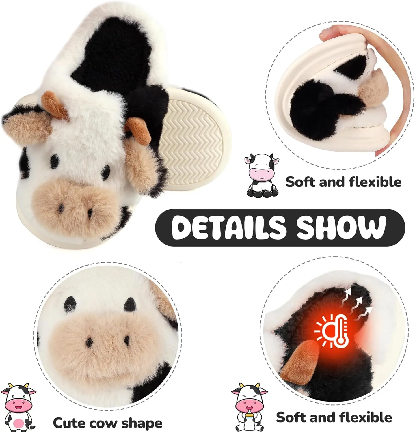 Kids Cow Slippers - Toddler Boys & Girls Soft Plush Animal Slippers - Winter Comfy Warm Fuzzy Memory Foam Non-slip Indoor/Outdoor Shoes