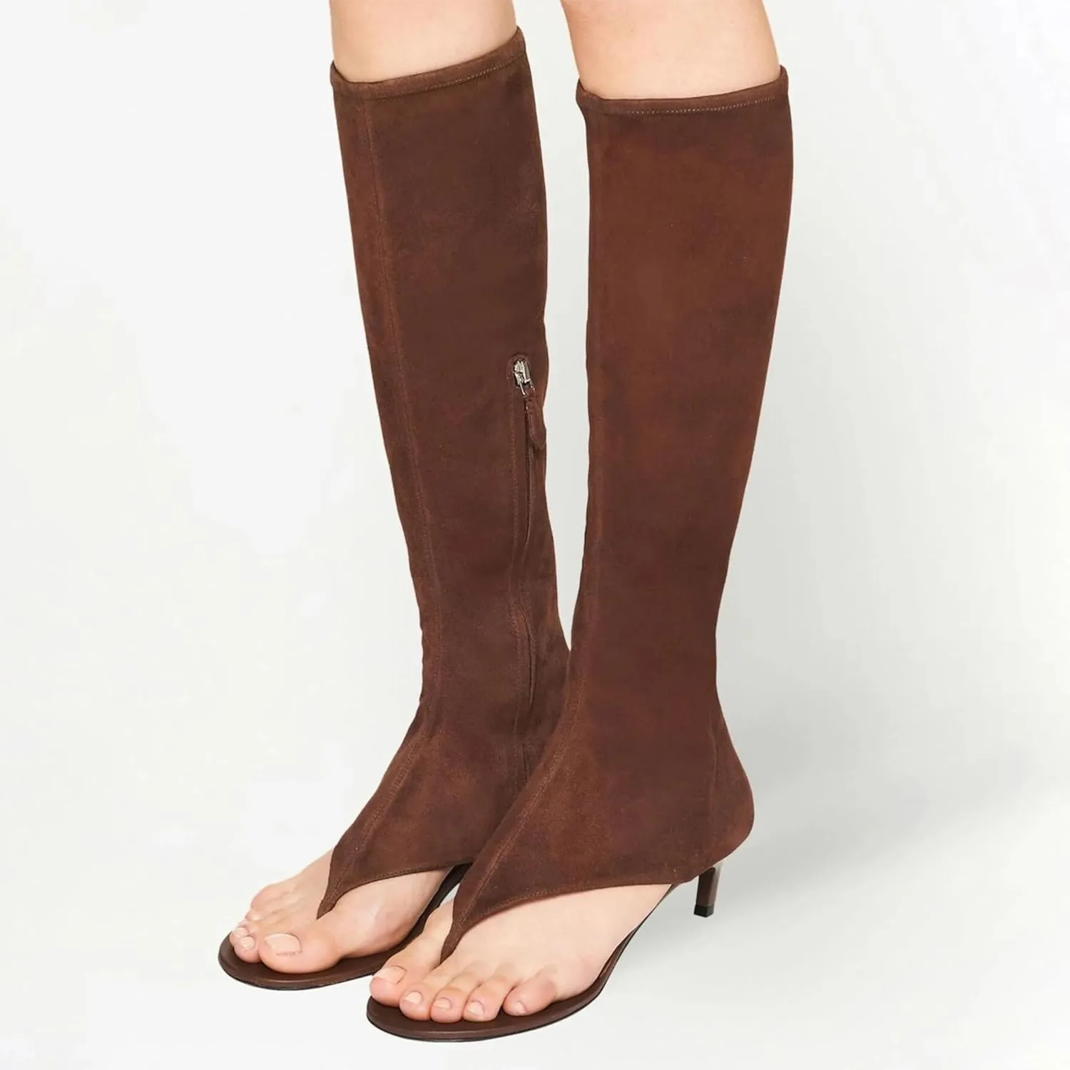 Kluolandi Women's Thong Style Open Toe Knee High Boots with Zipper Stretch Kitten Low Heel Tall Sandal Boots