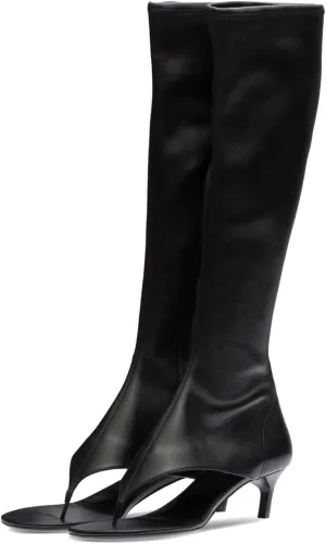 Kluolandi Women's Thong Style Open Toe Knee High Boots with Zipper Stretch Kitten Low Heel Tall Sandal Boots