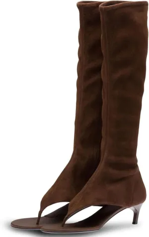 Kluolandi Women's Thong Style Open Toe Knee High Boots with Zipper Stretch Kitten Low Heel Tall Sandal Boots