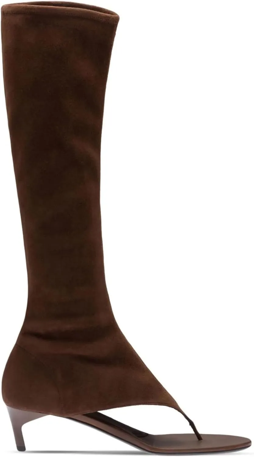 Kluolandi Women's Thong Style Open Toe Knee High Boots with Zipper Stretch Kitten Low Heel Tall Sandal Boots