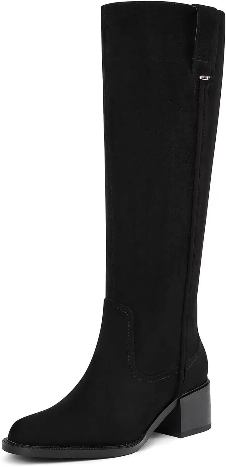 Knee High Boots For Women Chunky Heel Round Toe Leather Patent Boots Low Block Heel Tall Boots With Side Zipper