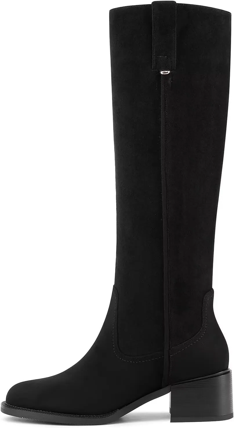 Knee High Boots For Women Chunky Heel Round Toe Leather Patent Boots Low Block Heel Tall Boots With Side Zipper