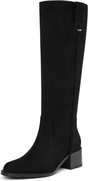Knee High Boots For Women Chunky Heel Round Toe Leather Patent Boots Low Block Heel Tall Boots With Side Zipper