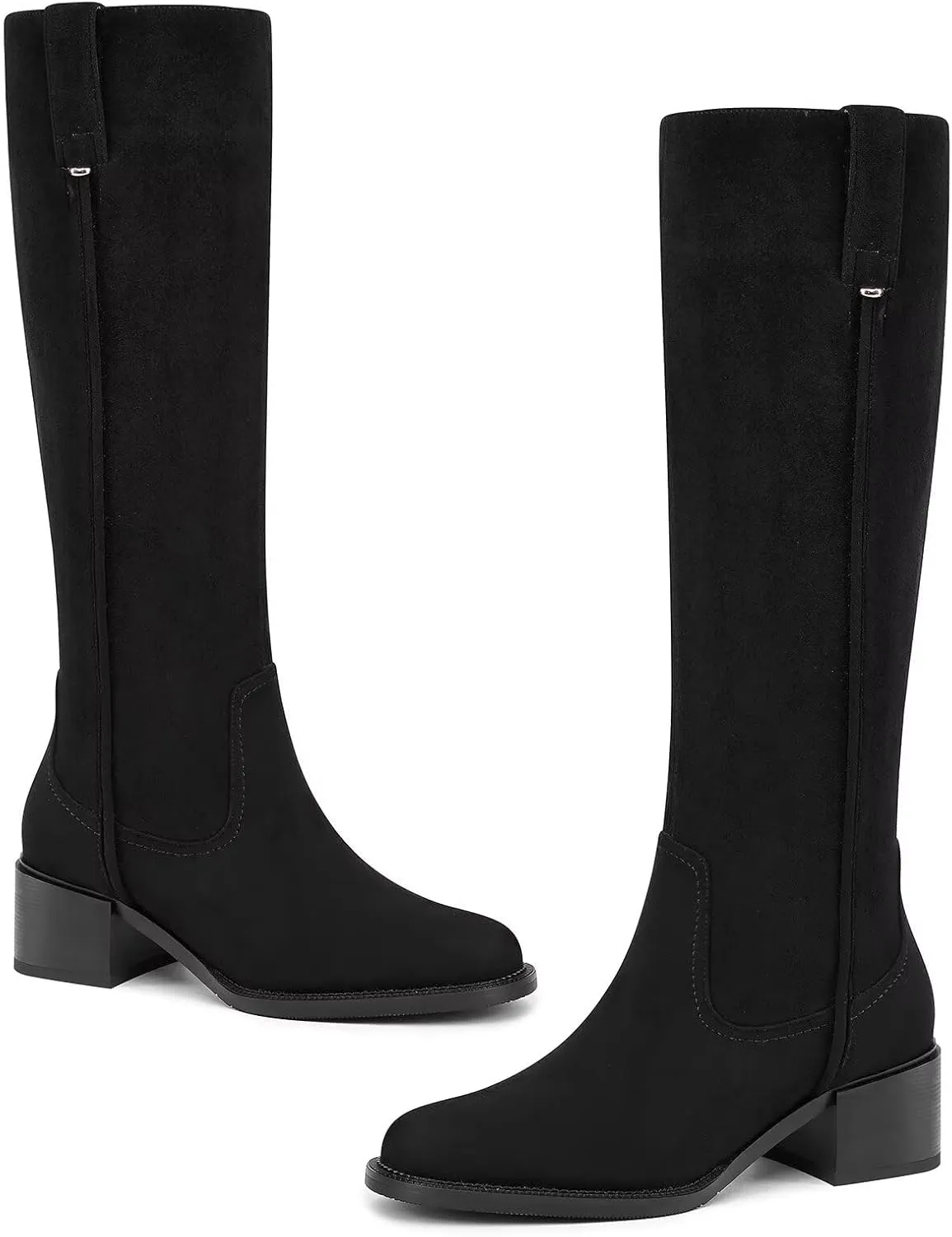 Knee High Boots For Women Chunky Heel Round Toe Leather Patent Boots Low Block Heel Tall Boots With Side Zipper