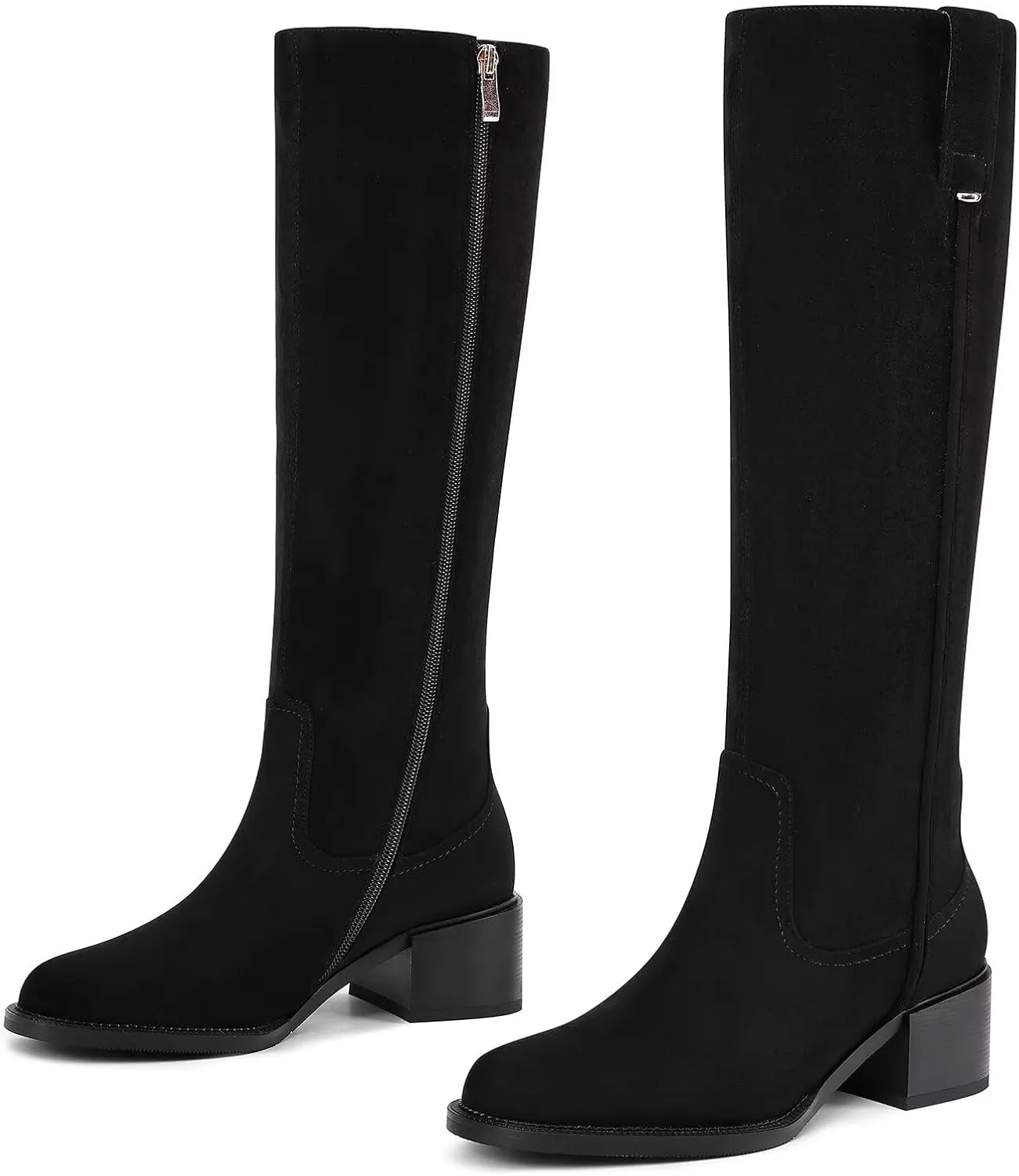Knee High Boots For Women Chunky Heel Round Toe Leather Patent Boots Low Block Heel Tall Boots With Side Zipper
