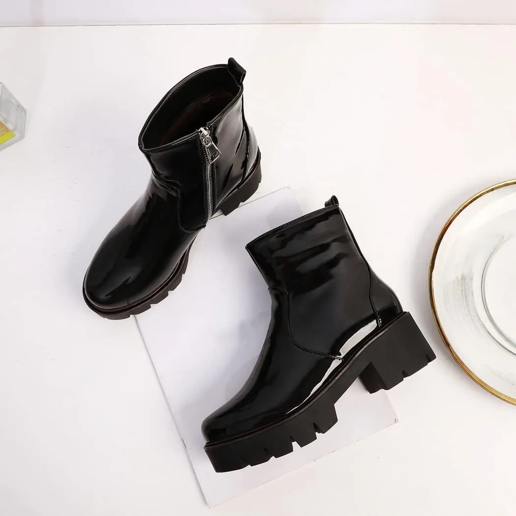 KUUTGG Women's Fashion Dressy Ankle Boots Patent Leather Round Toe Platform Zip Chunky Mid Heel Short Booties