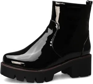 KUUTGG Women's Fashion Dressy Ankle Boots Patent Leather Round Toe Platform Zip Chunky Mid Heel Short Booties