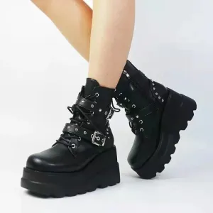 Leather Round Toe High Heel Boots