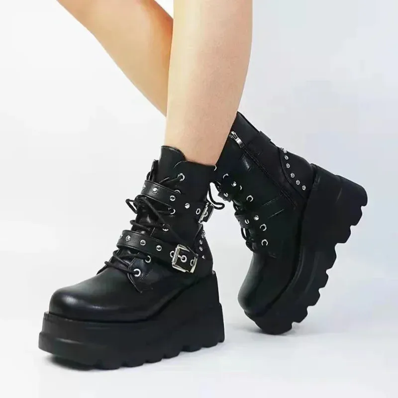 Leather Round Toe High Heel Boots