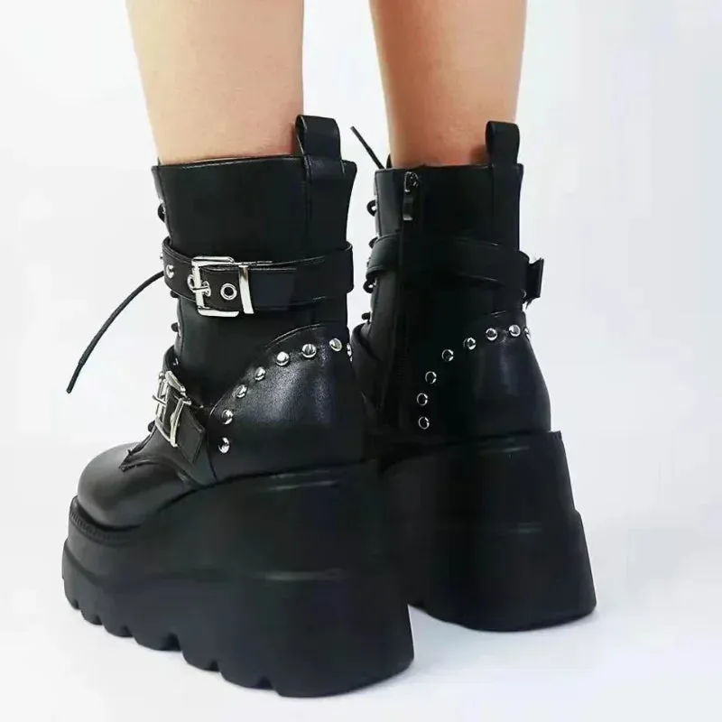 Leather Round Toe High Heel Boots