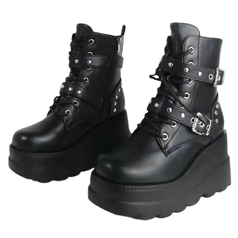 Leather Round Toe High Heel Boots