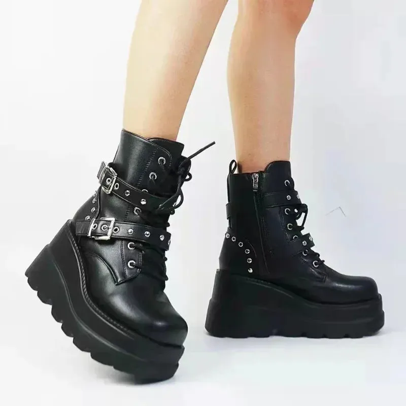 Leather Round Toe High Heel Boots