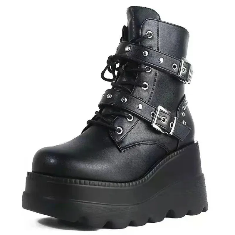 Leather Round Toe High Heel Boots