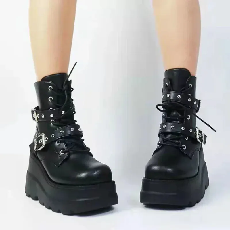 Leather Round Toe High Heel Boots